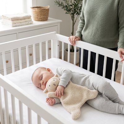Doudou bebe mouton beige avec bébé dort dans berceau