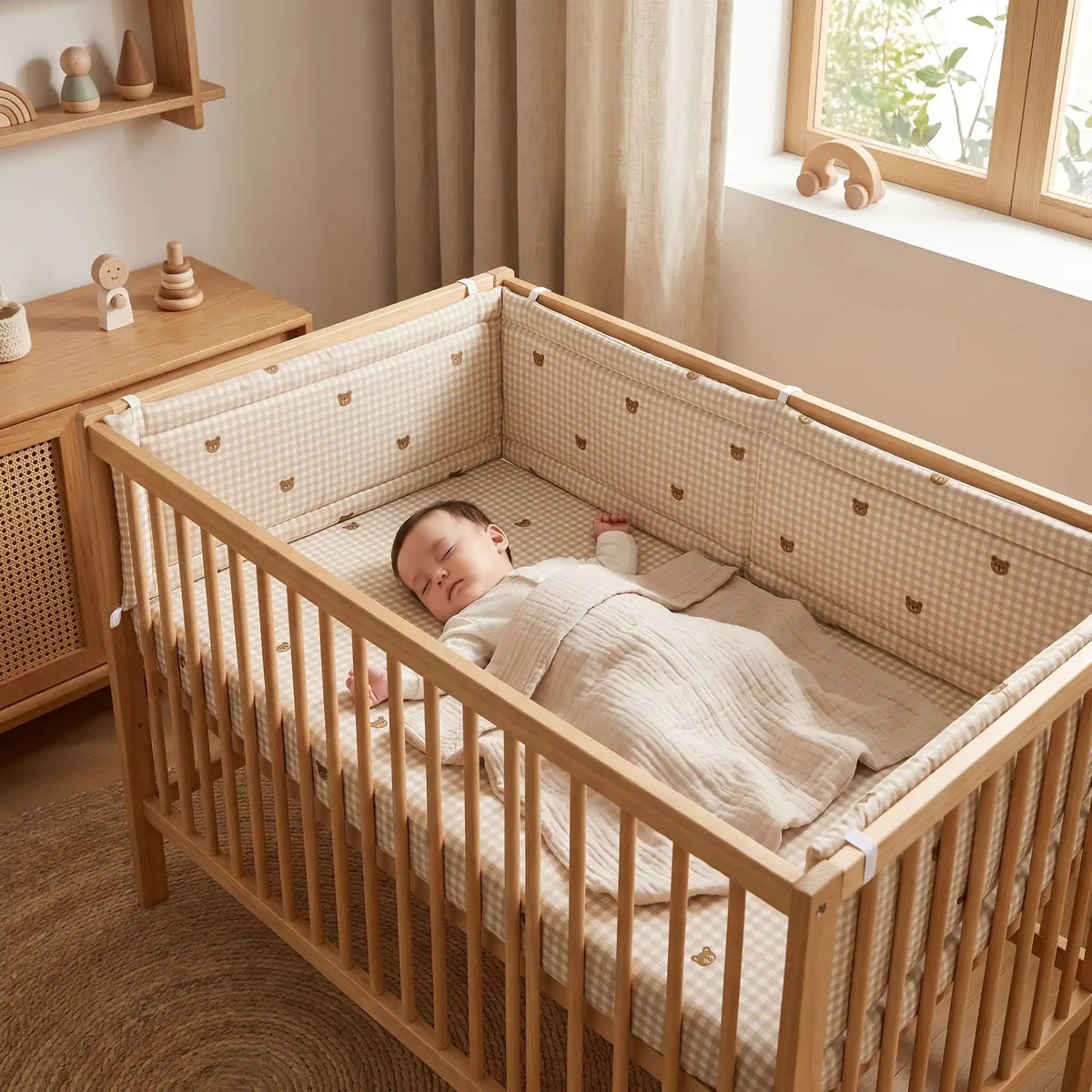 tour de lit bébé carreaux ourson bébé dort paisiblement