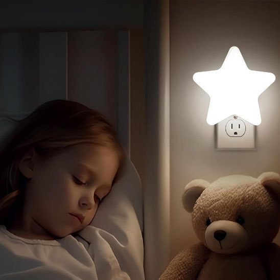 Veilleuse bébé étoile blanc petite fille dort avec doudou