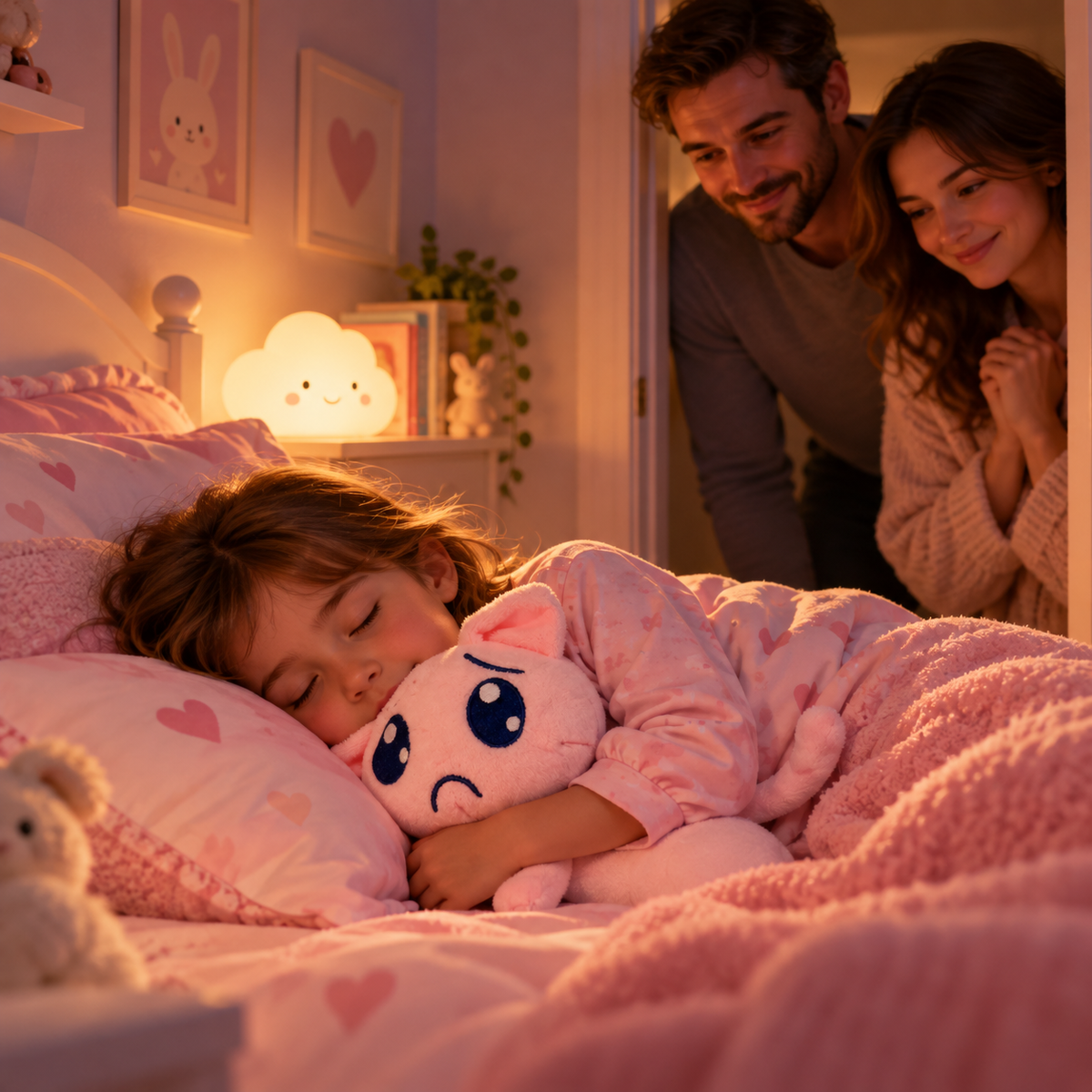 Douce nuit en famille avec peluche chat rose