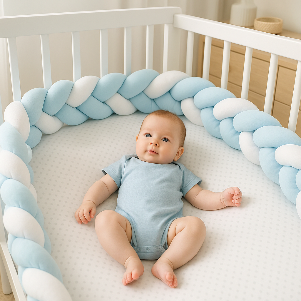 bebe allonger gazouille entourer tresse-de lit bleu blanc