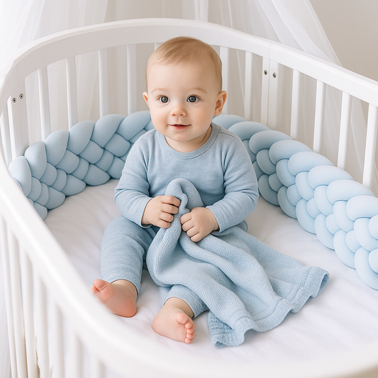 bebe garçon assis berceau entourer tour de lit tresse bleu