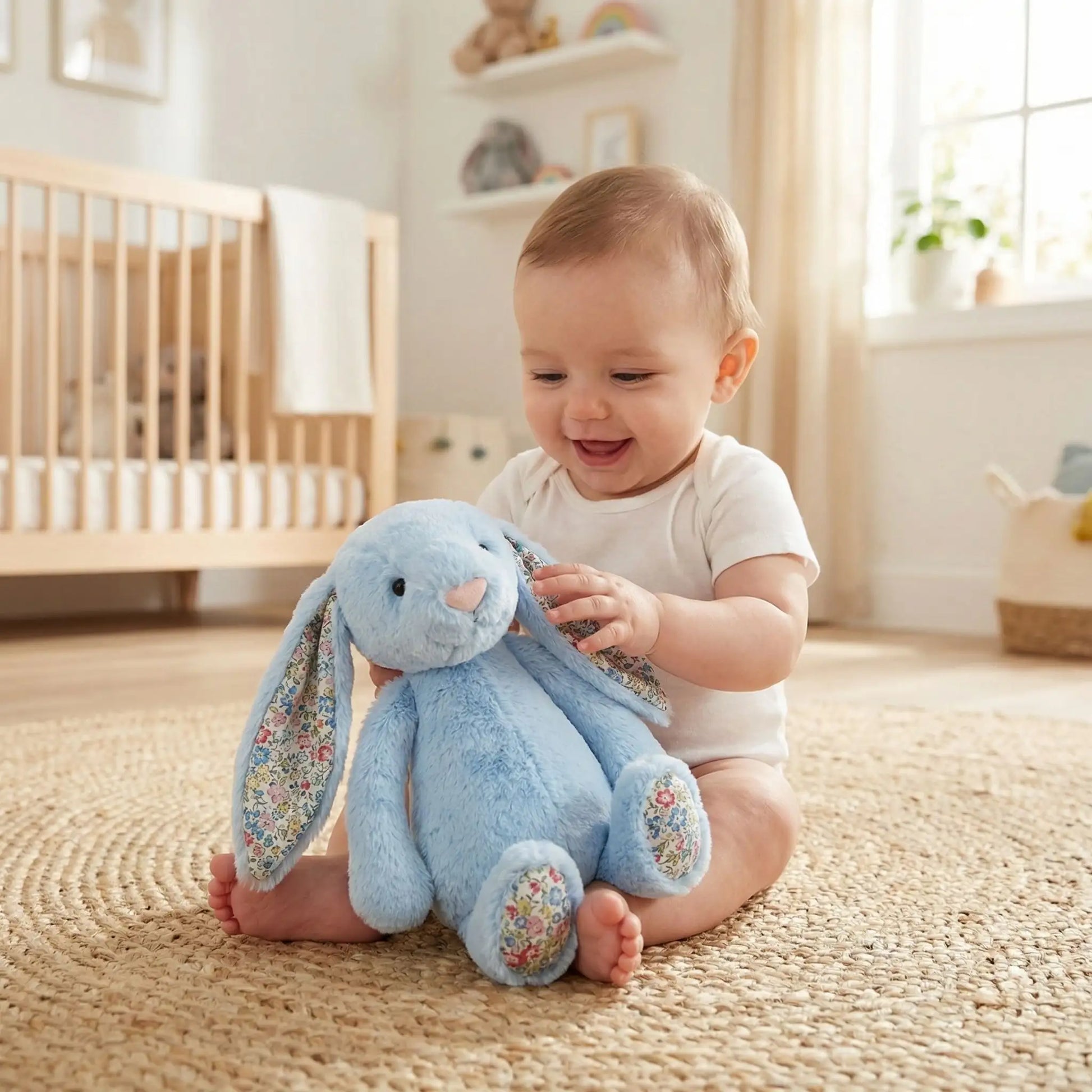 bébé joue doudou lapin bleu sur le tapis