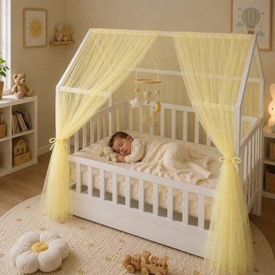 Ciel de lit enfant jaune bébé dort paisiblement