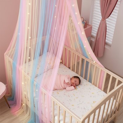 Ciel de lit multicolore autour berceau avec bébé dort