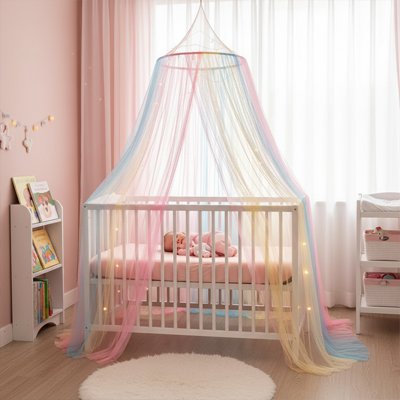 Ciel de lit multicolore autour berceau  bébé dort