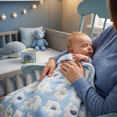Couverture bébé bleu sur bébé                                      garçon dort dans bras maman
