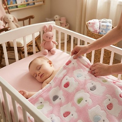 Couverture bébé rose avec bébé dort paisiblement