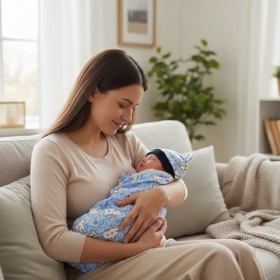 Couverture emmaillotage bébé bleu sur bébé dans bras maman