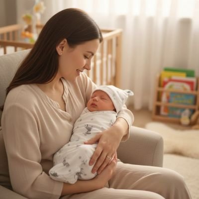Couverture emmaillotage blanc sur bébé dans bras maman