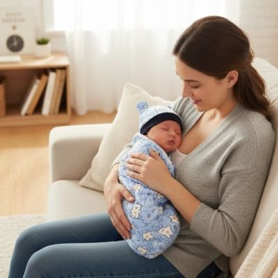 Couverture emmaillotage bleu sur bebe dans bras maman