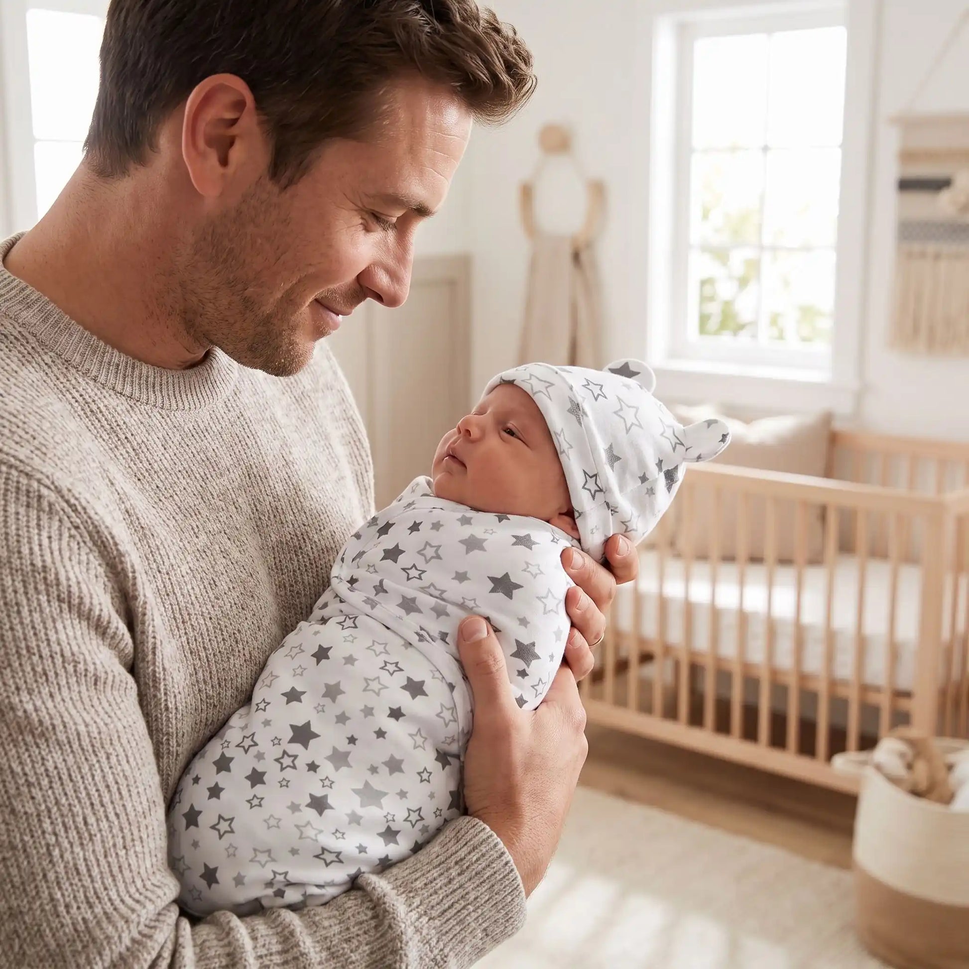 couverture emmaillotage étoile sur bébé dans bras papa