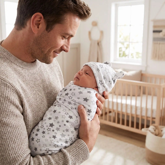 couverture emmaillotage étoile sur bébé dans bras papa