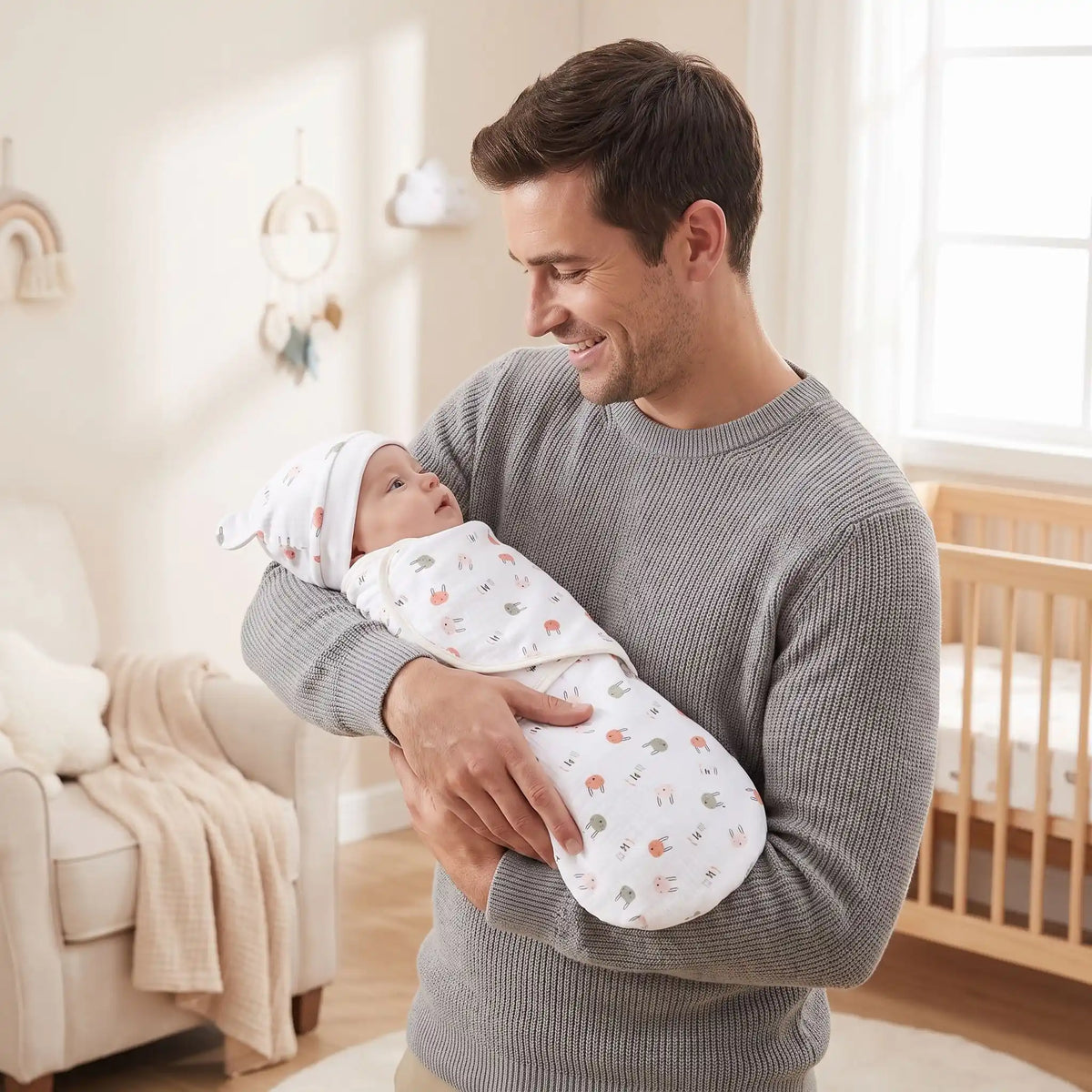 couverture emmaillotage sur bébé dans bras papa