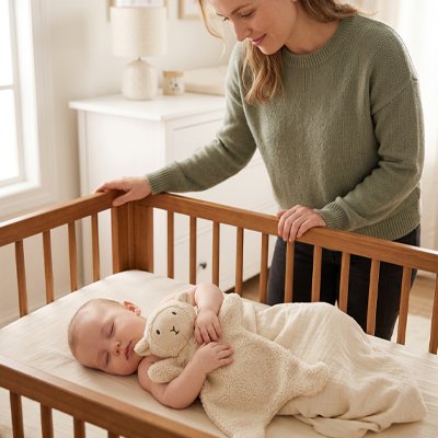 Doudou bebe mouton beige avec bébé                                                                                                                                                 dormant