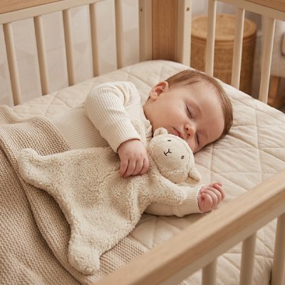 Doudou bebe mouton beige avec bébé dort paisiblement