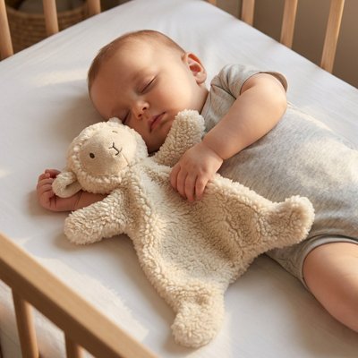 Doudou bebe mouton beige avec bébé dort