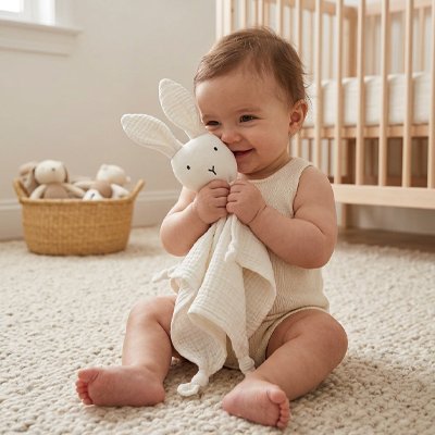 Doudou lapin blanc et bébé souriante