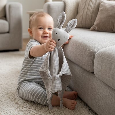 Doudou lapin gris bébé