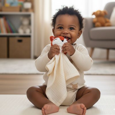 Doudou renard couleur crème et bébé