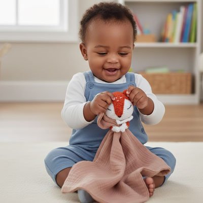 Doudou renard rose et bébé