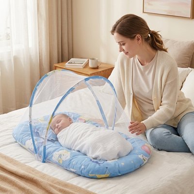 Lit moustiquaire bébé bleu bébé dort confortablement
