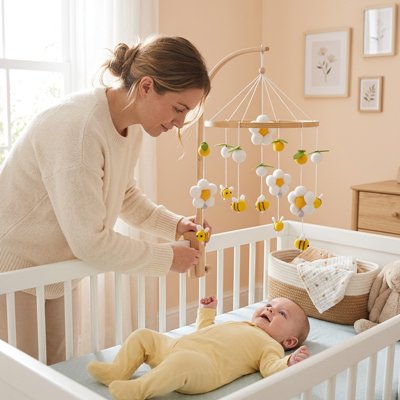 Mobile bébé bois abeille jaune avec bébé maman