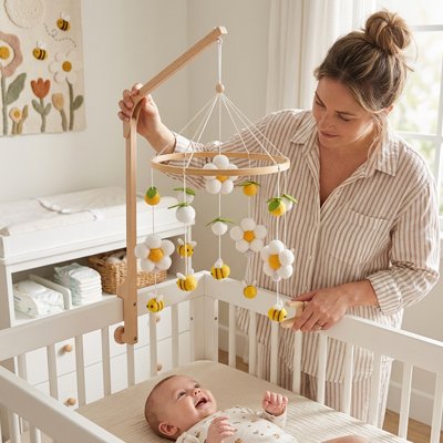 Mobile bébé en bois maman installe
