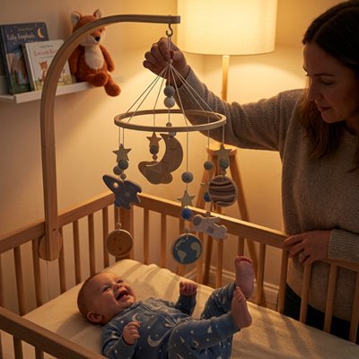 Mobile bebe globe avec support bébé dans berceau