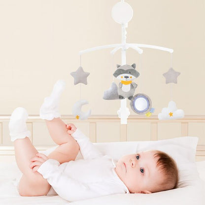Mobile bebe musical gris avec bébé dans berceau