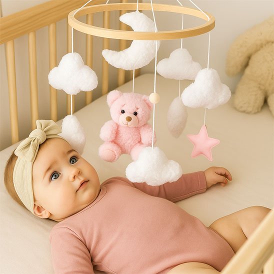 Mobile bebe ours rose avec bébé dans berceau