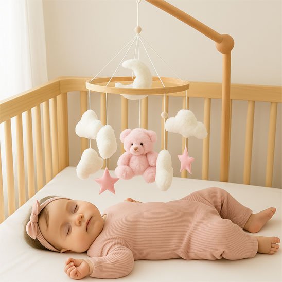 Mobile bébé ours rose avec bebe dort paisiblement 
