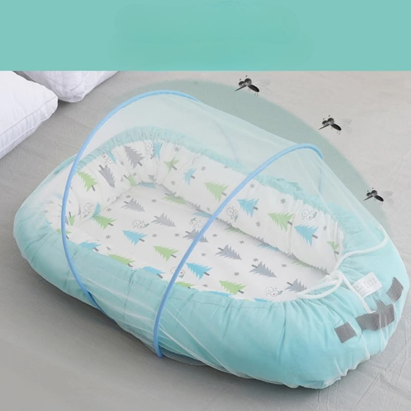 moustiquaire lit bébé bleu blanc avec réducteur de lit