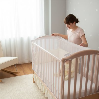 Moustiquaire lit bébé maman admire son bebe berceau