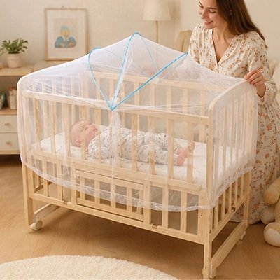 Moustiquaires lit bebe maman heureuse bébé protéger