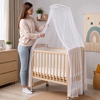 Moustiquaires lit bebe maman mise en place filet