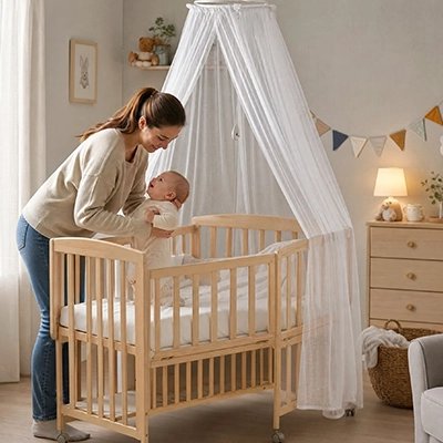 Moustiquaires lit bebe maman poser bebe dans berceau