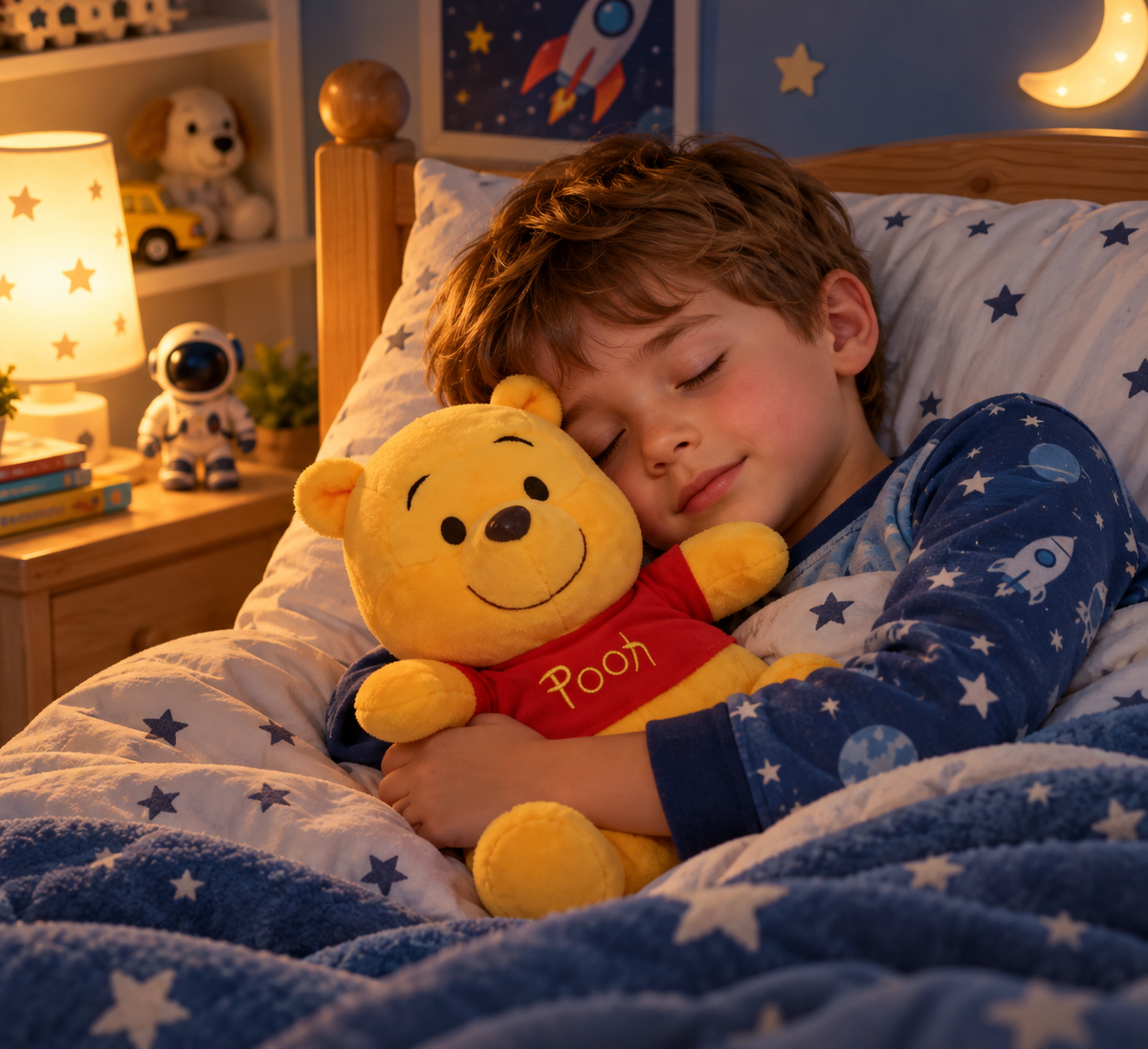 peluche enfant Ourson avec petit garçon dort sereinement
