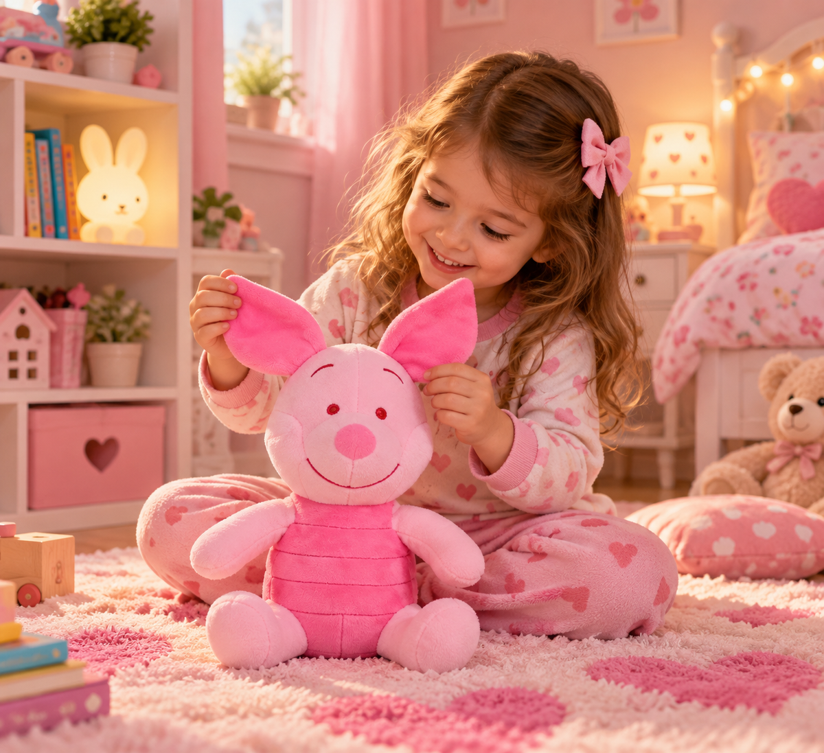 peluche enfant cochon rose avec petite fille