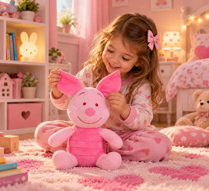 peluche enfant cochon rose avec petite fille
