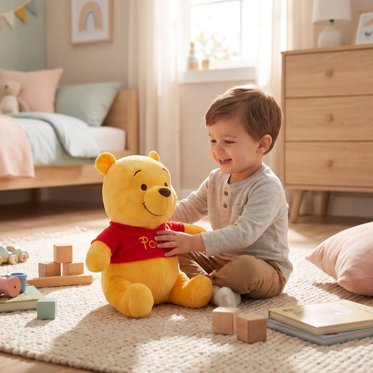 peluche enfant ourson avec petit garçon sur tapis