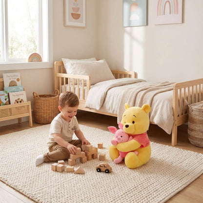petit garçon joue avec son peluche Winnie ourson