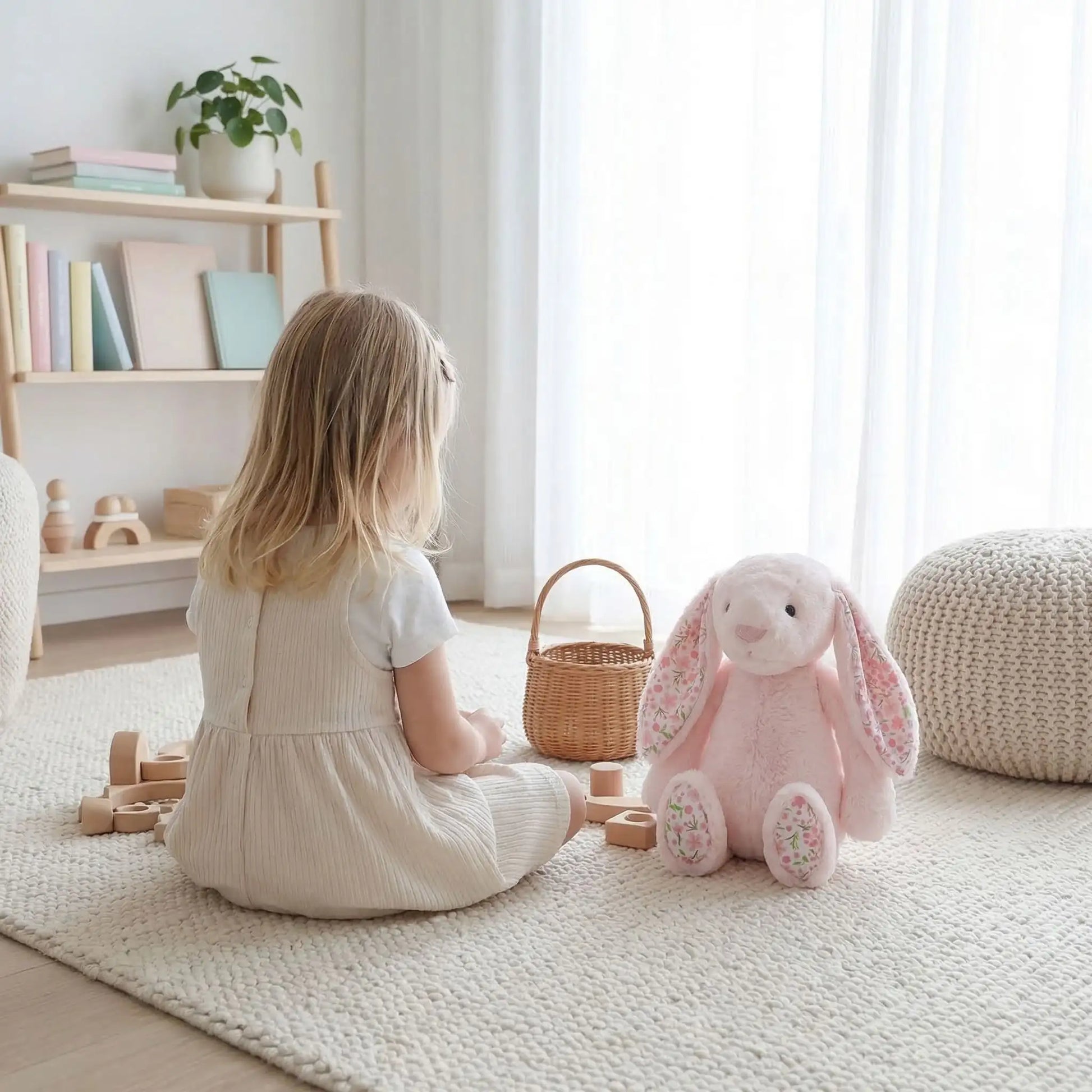 petite fille joue son doudou lapin rose sur tapis