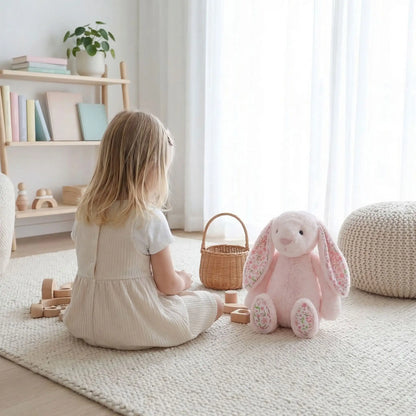 petite fille joue son doudou lapin rose sur tapis