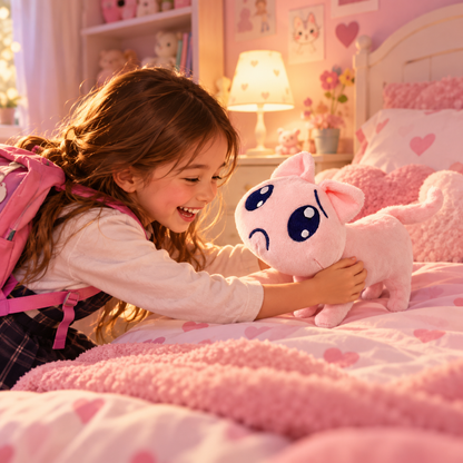 retrouvailles joyeuses avec sa peluche chat-rose