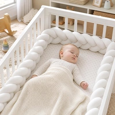 Tour de lit tressé bébé dort paisiblement