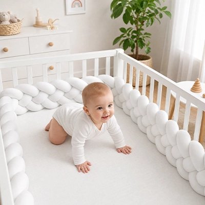 Tour de lit tressé bébé heureuse dans berceau