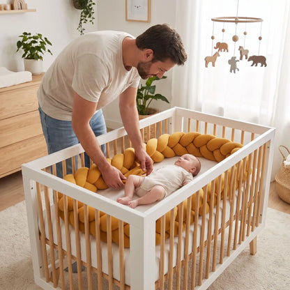 tour de lit tresse papa installe autour berceau avec bébé allonger
