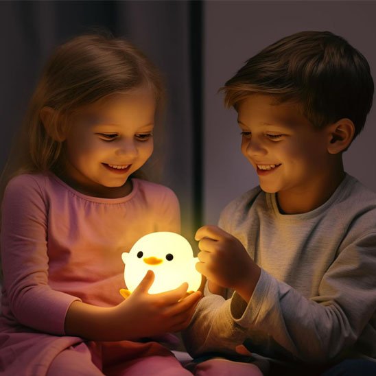 Veilleuse bébé canard deux enfants jouent ensemble la lampe