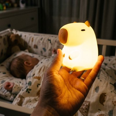 Veilleuse bébé capybara dans mains éclairé bébé dort